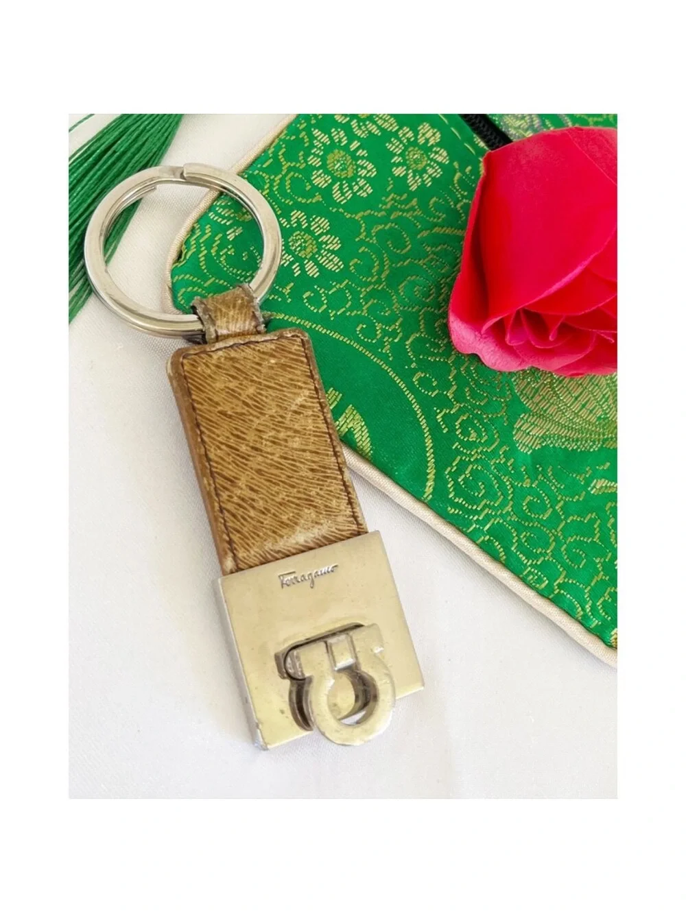 Salvatore Ferragamo Tan Leather Keyring with Silver-Tone Hardware